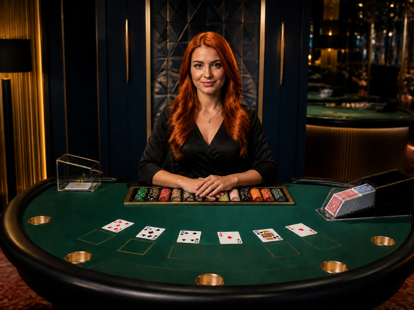 Live casino dealer at a card table