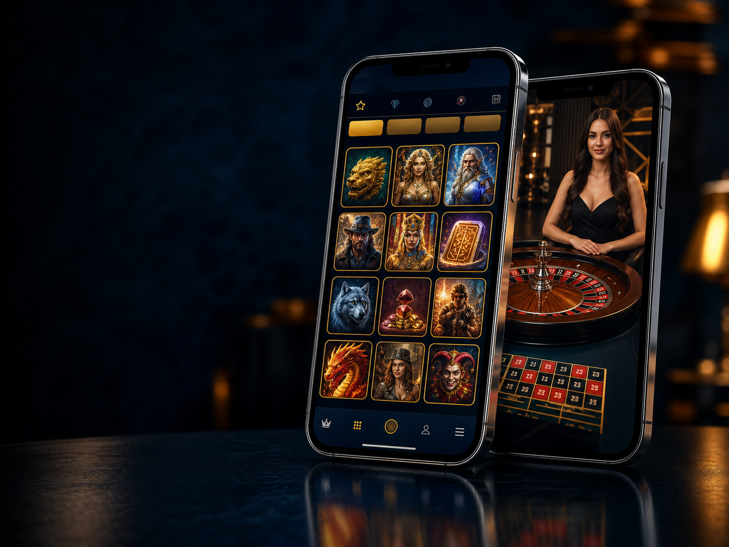 LuckNation Casino game lobby and live roulette displayed on two smartphones