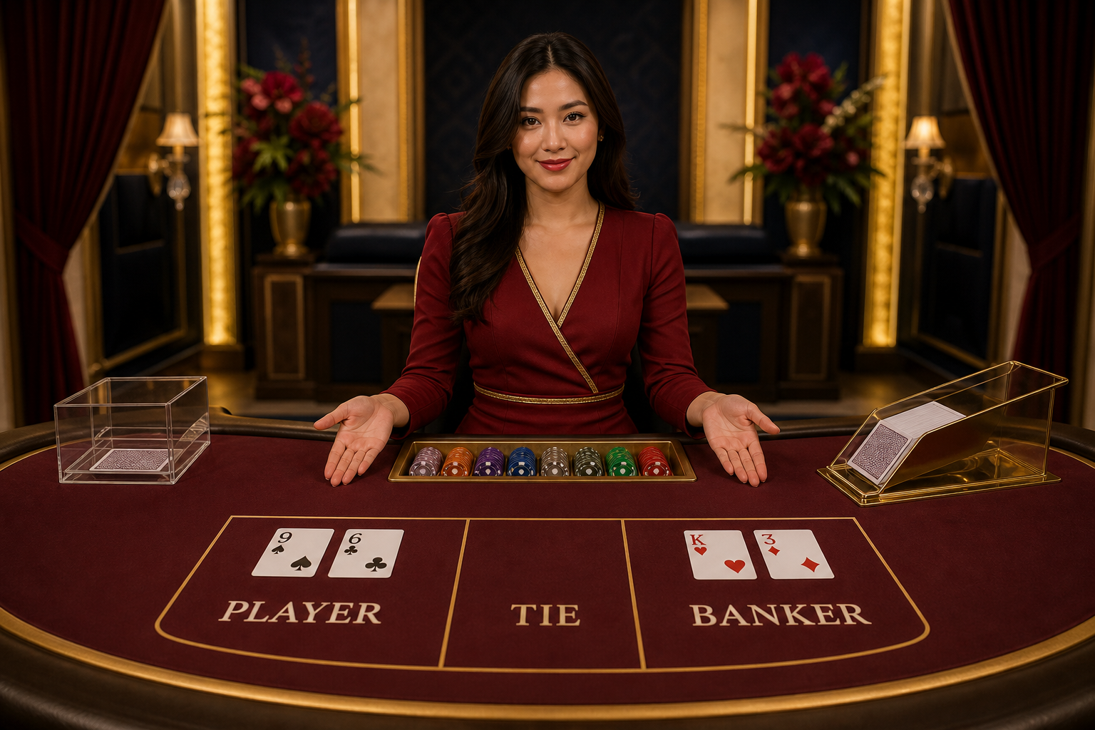 Live baccarat dealer at a Player Banker table