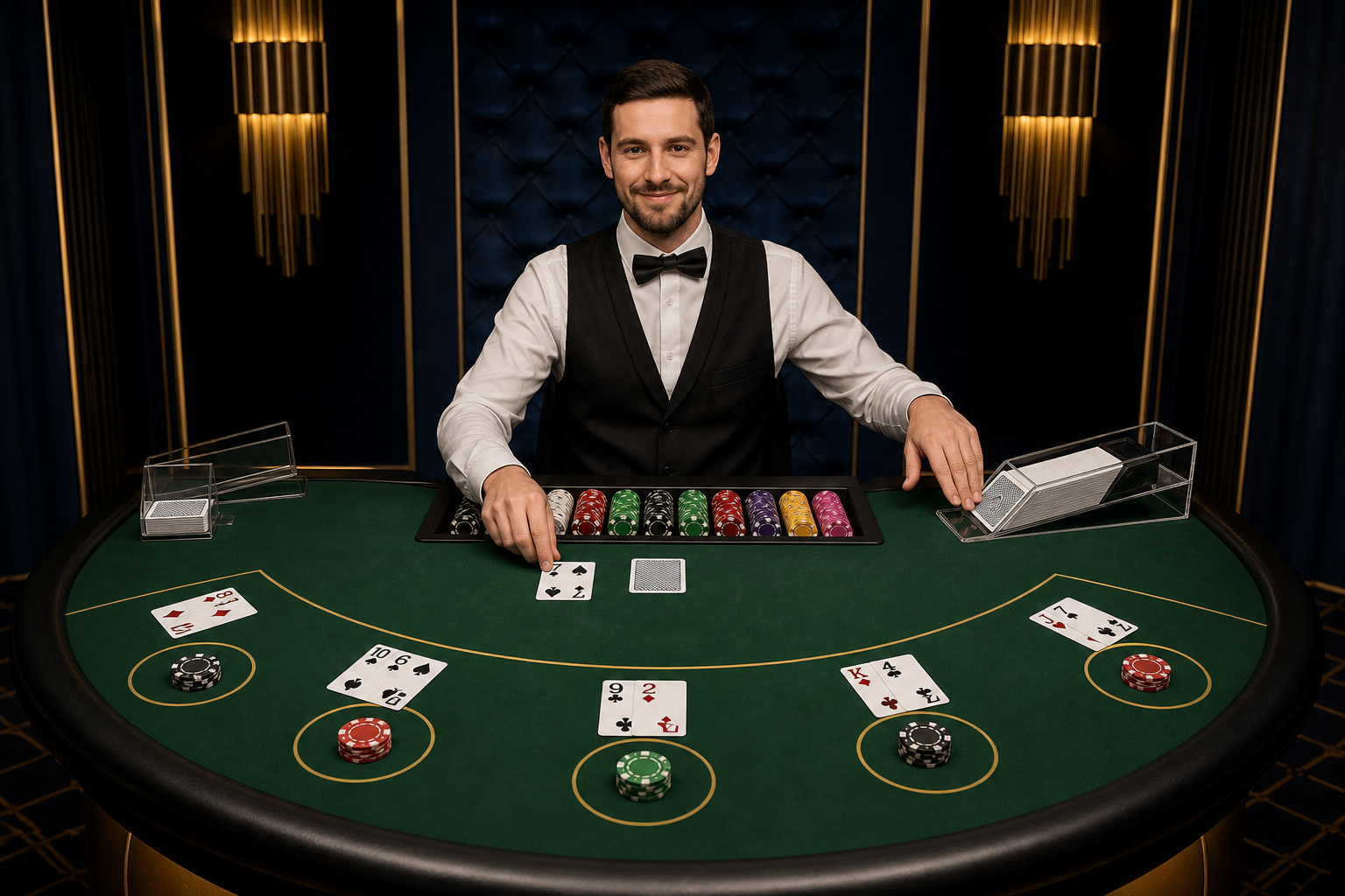 Live blackjack dealer at a card table