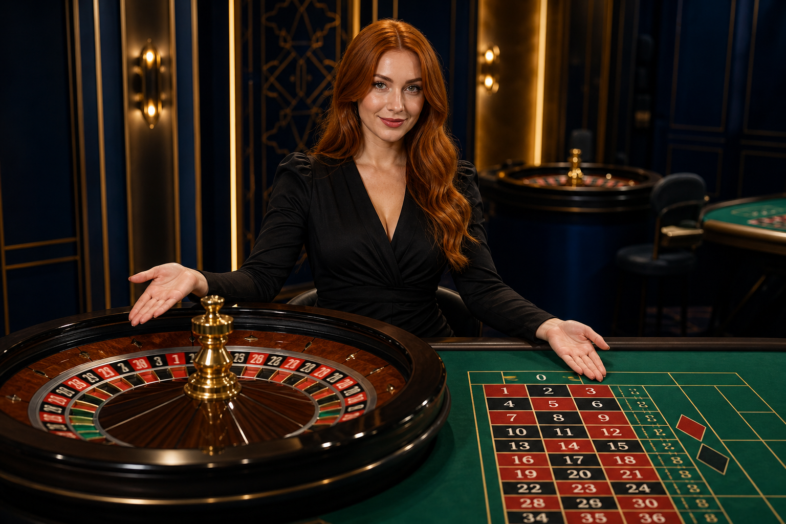 Live roulette dealer beside a roulette wheel and betting layout