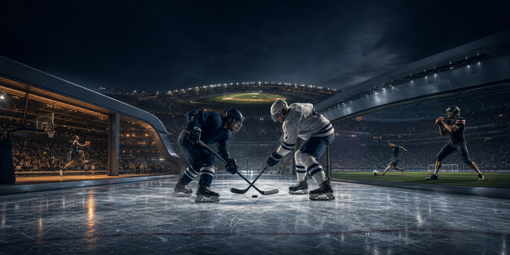 Ice hockey, basketball, soccer and Canadian football inside a unified sports arena
